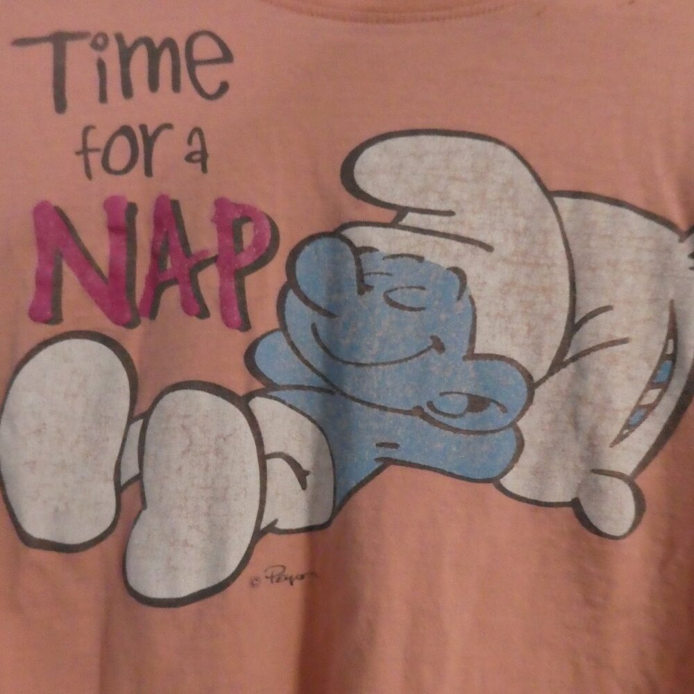 THE SMURFS | large | Playful Pink Napping Smurf Graphic  Cotton T-Shirt